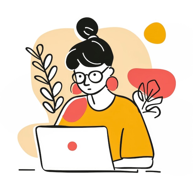 Eenvoudige platte illustratie van een vrouw die aan een laptop werkt in een minimalistische stijl