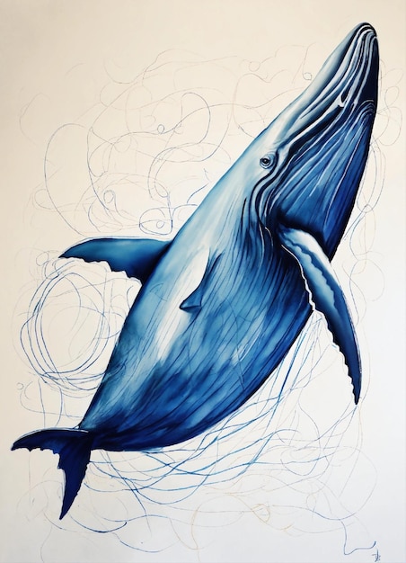Foto eenvoudige schets van een walvis kunst muurschildering bleu et blanc witte achtergrond