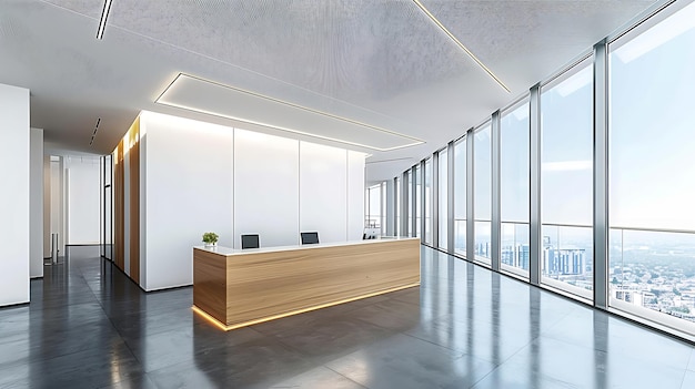 eenvoudige tekst Moderne receptie in een bedrijfs lobby minimalistisch ontwerp met elegante verlichting