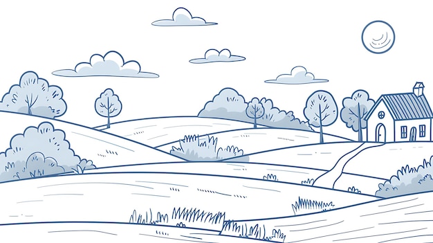 Eenvoudige vectorillustratie van een landelijk landschap met een huis, bomen, glooiende heuvels en wolken op de achtergrond
