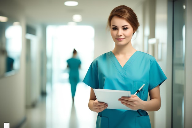 Eenvoudige vrouwelijke verpleegster in het ziekenhuis met een klembord in de hand