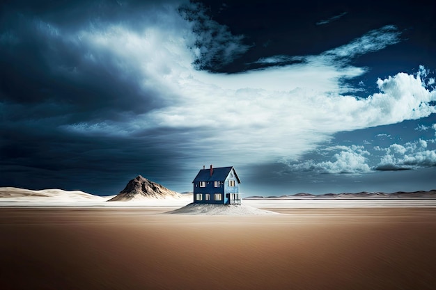 Eenzaam huis op het strand van ijsland tegen donkerblauwe hemel
