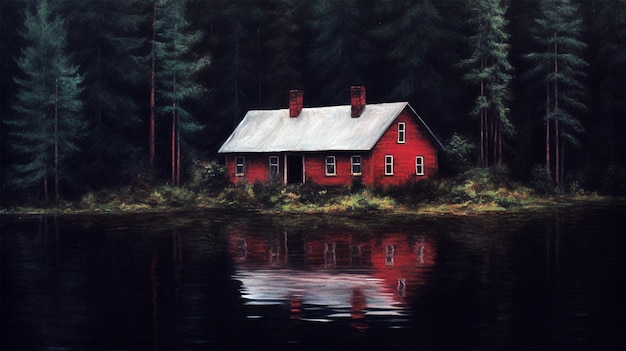Eenzaam rood huis in het bos gegenereerd door AI