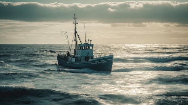 Eenzaam vissersvaartuig op de oceaan AI gegenereerd