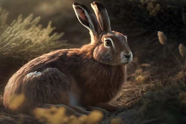 Eenzaam wild bruin verlicht door warm avondlicht in de schemering Neuraal netwerk AI gegenereerd