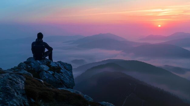 Eenzaamheid bij zonsopgang omarmen de pracht van de bergen ochtend