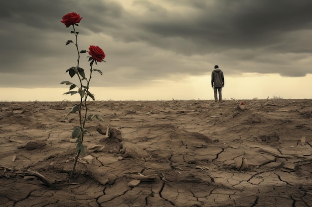 Eenzaamheid en wanhoop uitgebeeld door een eenzame persoon en een stervende roos