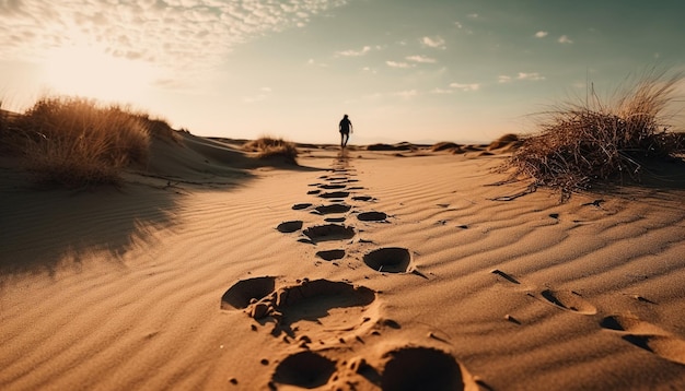 Foto eenzaamheid in de natuur een persoonlijke reis lopen zandduinen gegenereerd door kunstmatige intelligentie