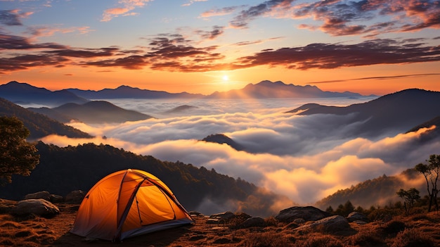 Eenzaamheid in de wolken Serene camping met uitzicht op grote hoogte in de bergen Generatieve AI