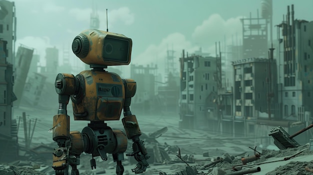 Eenzaamheid in ruïnes robot ruïnes postapocalyptische verlaten stadsbeeld eenzame contemplatieve stille wereld vernietiging verlaten dystopische technologie machine futuristische verval stedelijk