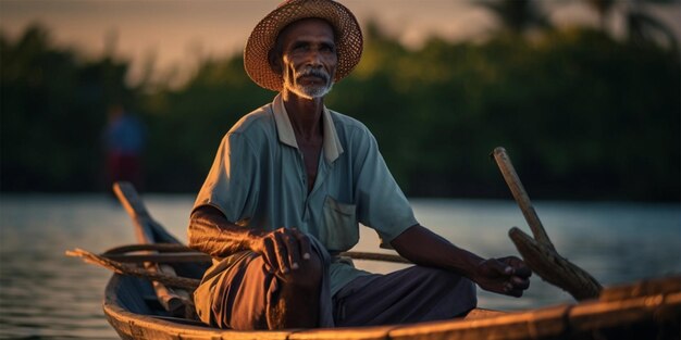 Eenzaamheid op het water Een bejaarde heer die in een kleine boot aan het vissen is