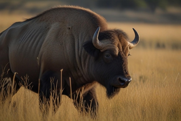 Eenzame Afrikaanse buffel die door de graslanden zwerft