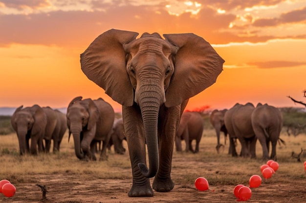 eenzame Afrikaanse olifant tegen de hemel met ballonnen bij zonsondergang Afrikaanse fantastische beeld Afrika