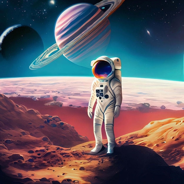 Eenzame astronaut in een ruimtepak die op de maan staat en naar de verre aarde kijkt