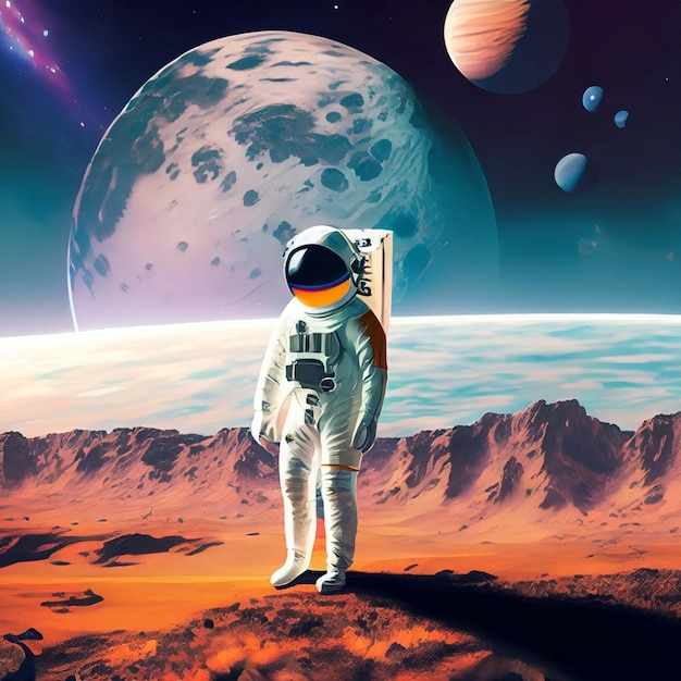 Eenzame astronaut in een ruimtepak die op de maan staat en naar de verre aarde kijkt