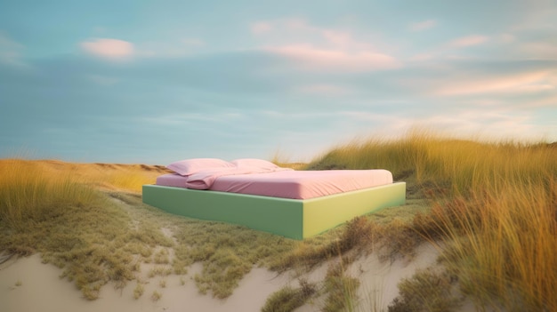 Eenzame bedtribune op grasduinheuvel met mooi hemel surrealistisch droomachtig landschap Generative Ai