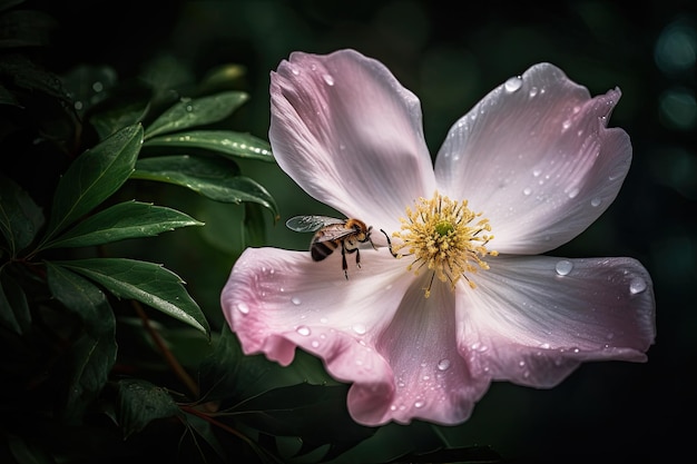 Eenzame bloem bloeit in een weelderige tuin bijen verzamelen nectar generatieve IA