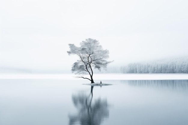 Eenzame boom aan het meer in de mist Winterlandschap