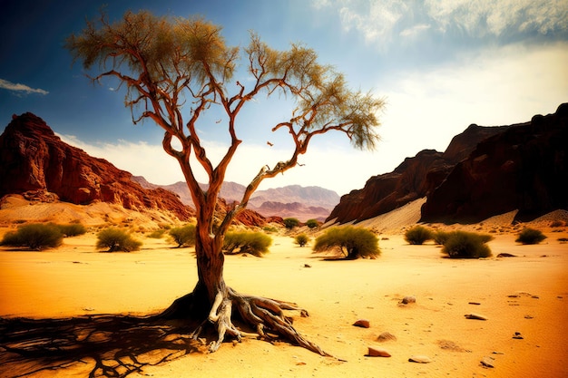 Eenzame boom in dorre woestijn omringd door bergen en zand