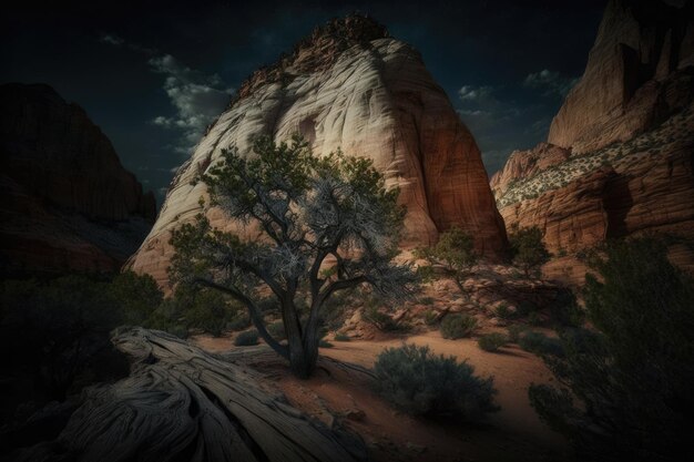 Eenzame boom in een uitgestrekt woestijnlandschap met in de verte een majestueuze bergketen Generatieve AI