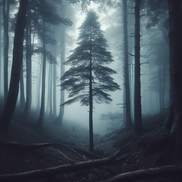 Foto eenzame boom in het bos met mist in de nacht