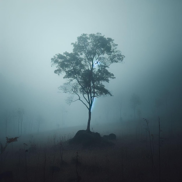 Eenzame boom in het bos met mist in de nacht