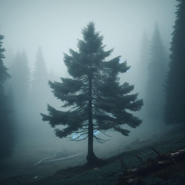 Foto eenzame boom in het bos met mist in de nacht