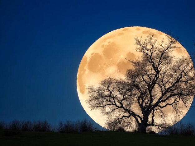 Foto eenzame boom met de grootste maan, ook wel supermaan genoemd. elementen van deze afbeelding geleverd door nasa