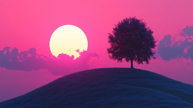 Eenzame boom op de top van een heuvel bij een levendige zonsondergang