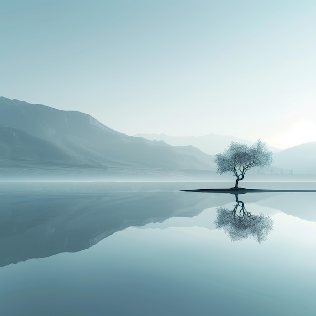 Eenzame boom reflectie op het water met uitzicht op de bergen in de vroege ochtend mist Natuur meer