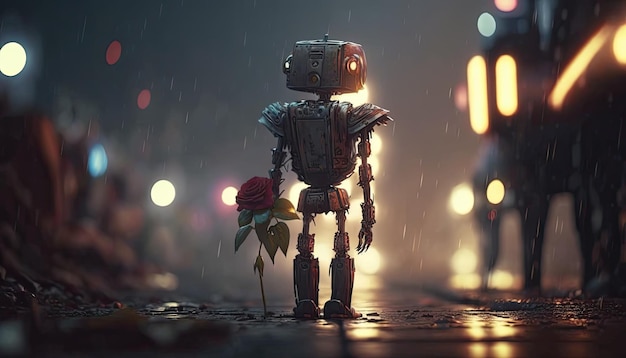 Eenzame dakloze robot die een verdorde roos van zijn geliefde vasthoudt onder een regenachtige nacht Generatieve AI