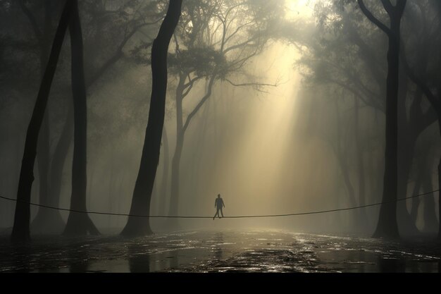 Foto eenzame figuur slacklining tussen twee bomen in het bos