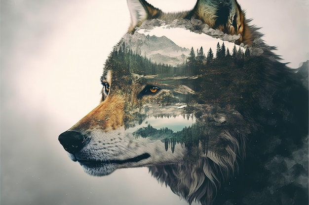 Foto eenzame grijze wolf in eenzaamheid op de wonderlijke achtergrond van de natuur met dubbele belichting