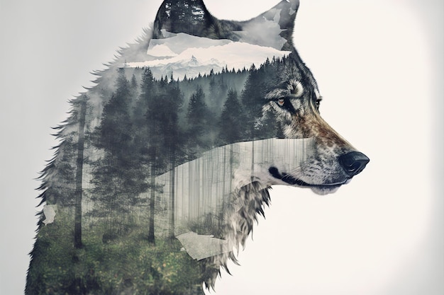 Foto eenzame grijze wolf in eenzaamheid op de wonderlijke achtergrond van de natuur met dubbele belichting