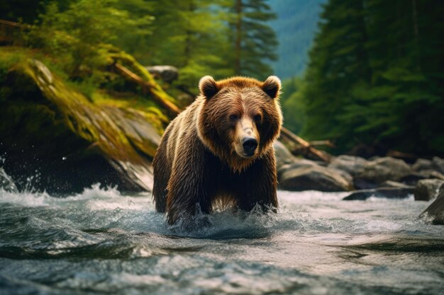 Eenzame grizzlybeer te midden van snelstromende rivier