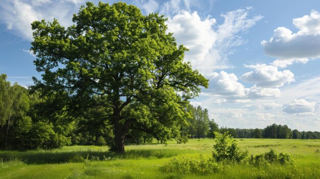 Eenzame groene eik in een bosweide