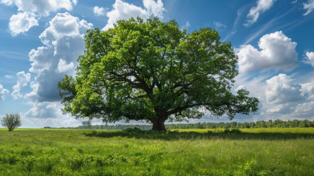 Eenzame groene eik in een bosweide