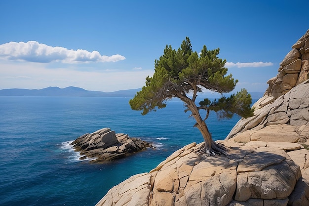 Eenzame jeneverboom op de rand van de rots over een blauwe baai