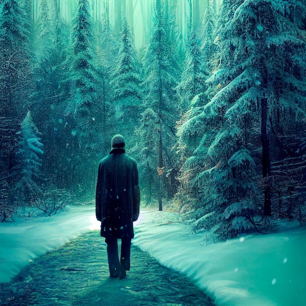 Eenzame man die in een besneeuwd bos loopt
