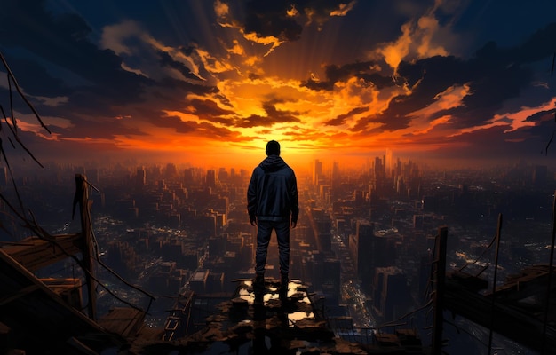 Eenzame man staat op de top van een hoog beschadigd gebouw Achtergrond Man kijkt naar het verwoeste stadsbeeld bij zonsondergang Generatieve AI