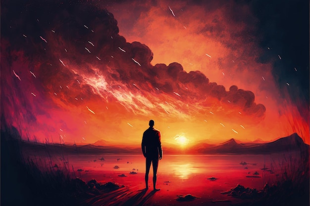 Eenzame man starend naar vurige zonsondergang Fantasie concept Illustratie schilderij Generatieve AI