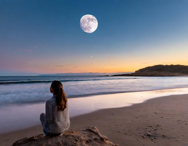 Foto eenzame persoon die de maan opkomt op het strand bij een prachtige zonsondergang