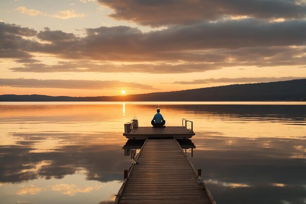 Foto eenzame persoon die op een ponton staat te mediteren en te genieten van de zonsopgang of zonsondergang op een meer met een vissersboot op het meer
