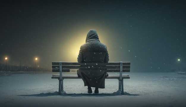 Eenzame persoon zit alleen op een bankje op een koude winterdag Eenzaamheid Concept Generatieve AI