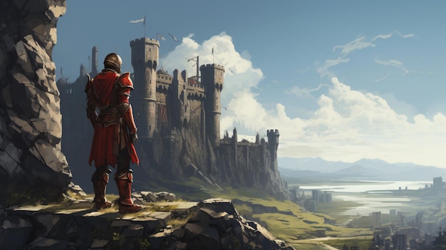 Eenzame ridder die de kantelen van het kasteel bewaakt