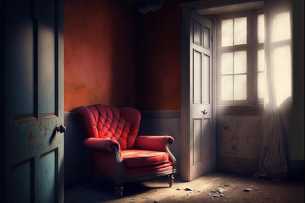 Eenzame rode zachte fauteuil in oude huiskamer gemaakt met generatieve ai