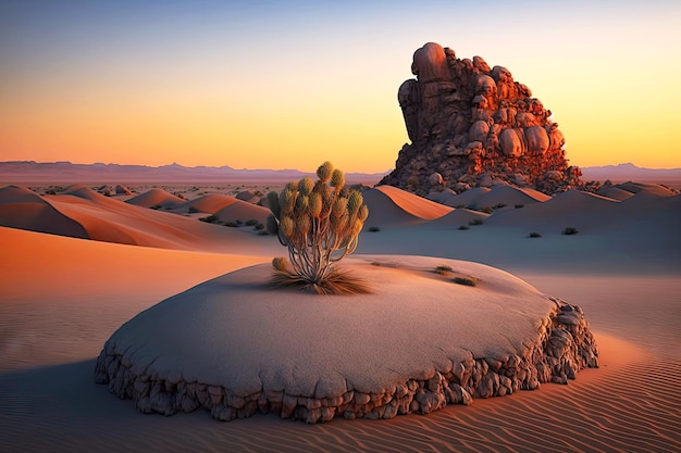 Eenzame rots op duin bij zonsopgang woestijnlandschap met cactus en zandduinen generatieve ai