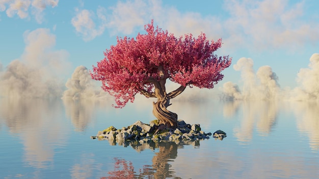 Foto eenzame sprookje boom staat op stenen eiland in het midden van de zee boom van het leven tussen wolken in het water 3d render