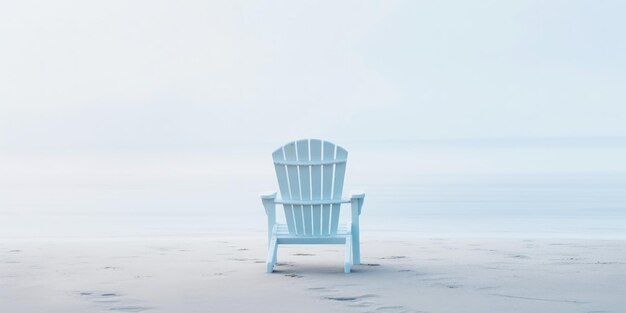 Eenzame stoel op wit zand van rustig strand van zee bedekt met mist Generatieve AI