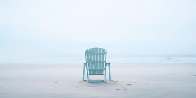 Eenzame stoel op wit zand van rustig strand van zee bedekt met mist Generatieve AI